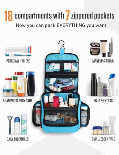 VENTURE 4TH Hanging Travel Toiletry Bag for Women & Men – Large Toiletry Organizer with 18 Compartments, Removable TSA Pouch, Travel Wash Bag for Toiletries, Makeup & Shaving Kit (Light Blue) - color: Tiffany Blue