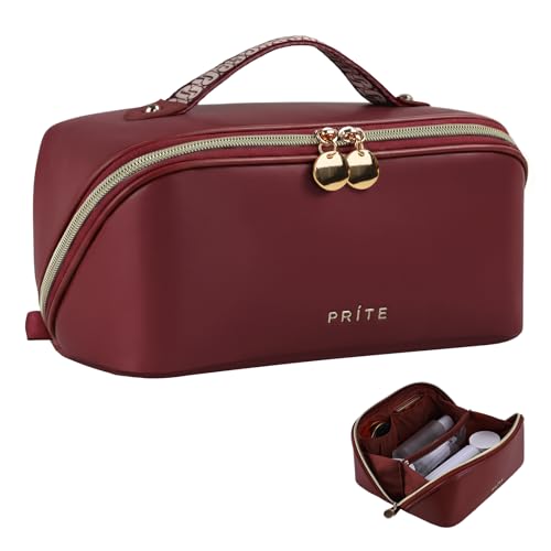 Prite Makeup Bag for Women Travel Waterproof Vegan Leather Cosmetic Bag Open Flat Toiletry Bag With Clear Divider and Handle (Dark Red, Medium) - color: Dark Red, size: Medium