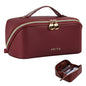 Prite Makeup Bag for Women Travel Waterproof Vegan Leather Cosmetic Bag Open Flat Toiletry Bag With Clear Divider and Handle (Dark Red, Medium) - color: Dark Red, size: Medium