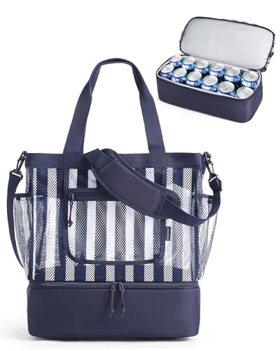 BAGSMART Beach Bag for Women, Mesh Tote Bags with Zipper, Sandproof Vacation Essentials with Cooler for Swim Cruise Pool - color: Navy