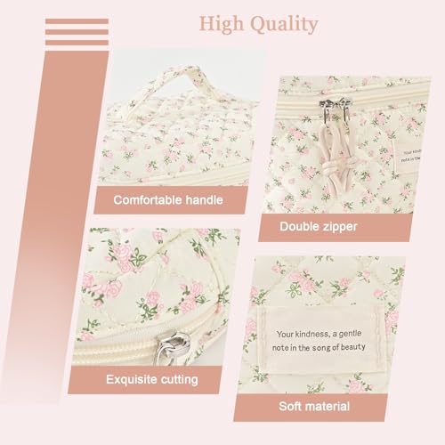 NATINSA Cute Makeup Bag for Women(2 Pcs), Travel Cosmetic Bags, Quilted Coquette Aesthetic Floral Toiletry Organizer Bag (46 - PinkMuDan) - color: 46 - PinkMuDan