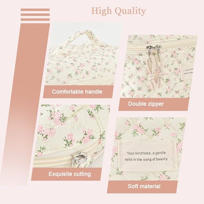 NATINSA Cute Makeup Bag for Women(2 Pcs), Travel Cosmetic Bags, Quilted Coquette Aesthetic Floral Toiletry Organizer Bag (46 - PinkMuDan) - color: 46 - PinkMuDan