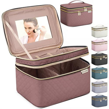 HXLGMD Large Makeup Bag with Mirror Double Layer Travel Make Up Organizer Case, Large Capacity Coemetic Bag with Brush Slot Divider - color: Rosewood