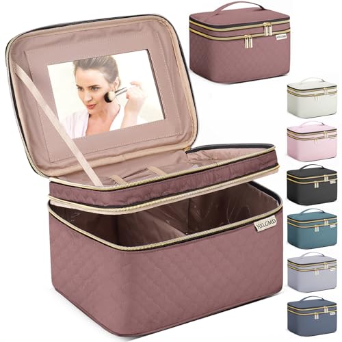 HXLGMD Large Makeup Bag with Mirror Double Layer Travel Make Up Organizer Case, Large Capacity Coemetic Bag with Brush Slot Divider - color: Rosewood