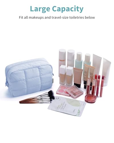 Narwey Quilted Makeup Bag for Women Girl, Puffer Travel Cosmetic Bag Puffy Make Up Bag Organizer, Cute Travel Toiletry Bag for Toiletries (Blue) - color: Blue