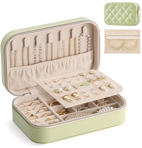 Lolalet Travel Jewelry Case for Women Girls, PU Leather Jewelry Organizer with Clear Storage Bag Small Portable Jewelry Box for Necklace Bracelet Earring Ring Birthday Bridesmaid Gifts -Medium/Green - color: Green, size: Medium (6.8"W*4.4"D*2.2"H)