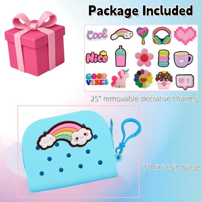 Soft Silicone Mini Coin Purse with Zipper and Cartoon Hole,with 15 pcs DIY Charms. Portable Keychain Pouch Organizer (Blue) - color: Blue