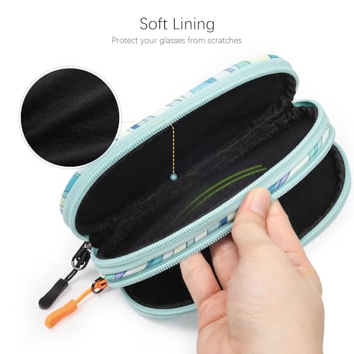 Double Eyeglasses Case Soft Portable Zipper Sunglasses Pouch with Keychain Clip for Men Women - color: Light Blue Wave