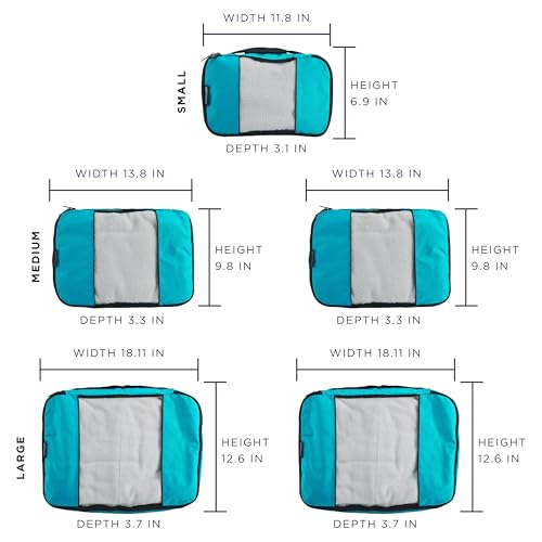 TravelWise Luggage Packing Organization Cubes 5 Pack, Teal, 2 Small, 2 Medium, 1 Large (TWPC-24) - color: Teal