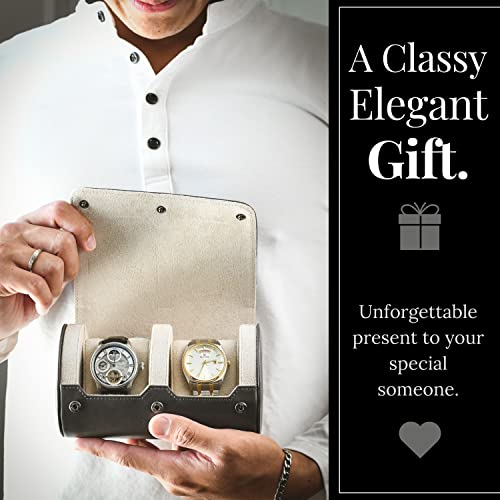 2 Watch Roll Travel Case for Men - Double Watch Case - Slate Grey/Ivory White Vegan Leather - color: Slate Gray/Ivory 2-watch case