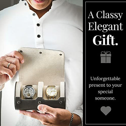 2 Watch Roll Travel Case for Men - Double Watch Case - Slate Grey/Ivory White Vegan Leather - color: Slate Gray/Ivory 2-watch case