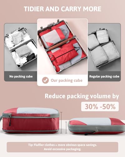 Meowoo 7 Set Compression Packing Cubes for Travel, Durable Ripstop Mesh Suitcase Organizer with Shoe Bag, Ultralight & Expandable Space Saver Travel Cubes - color: Red