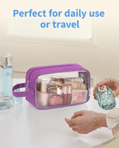 Narwey Clear Travel Toiletry Bags for Traveling Toiletries Men Women, Clear Makeup Bag Cosmetic Bag with Zipper, Make Up Pouch Organizer Bag with Handle, Skincare Beach Snack Medicine Bag, Purple - color: Clear-Purple