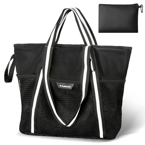 PASMAN Large Beach Bag with Zipper-8 Pockets Sandproof Beach Tote Bag for Women,Foldable Lightweight Family Swim Bag Vacation - color: Black