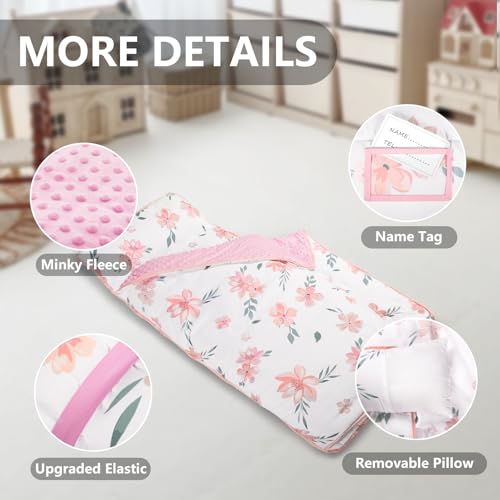 Primlect Thickened Toddler Nap Mat with Removable Pillow and Minky Blanket, Extra Large 55''x35'' Sleeping Bag, Washable, Roll up, Perfect for Daycare, Preschool, Kindergarten, Boys and Girls Flowers - color: Pink Flower Upgraded