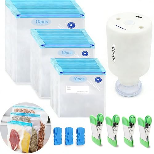 MOMODA Sous Vide Cooking Bags - Set of 30 | BPA-Free Reusable Vacuum Seal Bags with Air Valve for Joule and Anova Cookers | Freezer Safe Vacuum Food Storage Bags with Upgraded Electric Pump Included - color: Electric Pump-White