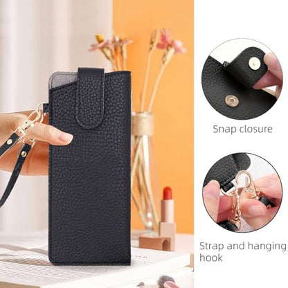 CHANGAR Portable Glasses Case Soft Leather Sunglasses Case with Wrist Strap Travel Sunglass Organizer Pouch with Hanging Hook - color: Black