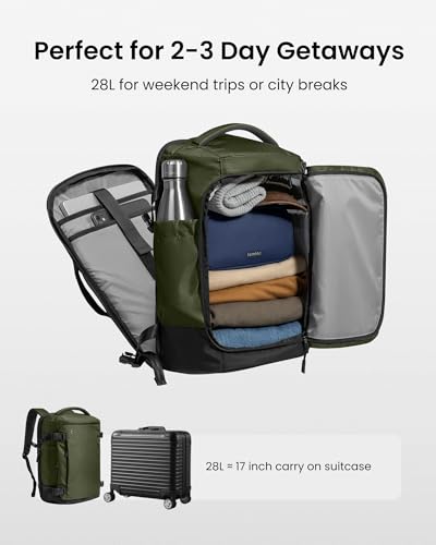 tomtoc Travel Backpack 28L, TSA Friendly Flight Approved Carry-on Luggage, Personal Item Travel Bag, Water-resistant Lightweight Business Rucksack, Durable Bag Fits 16 Inch Laptop - color: Green-ripstop, size: 28L