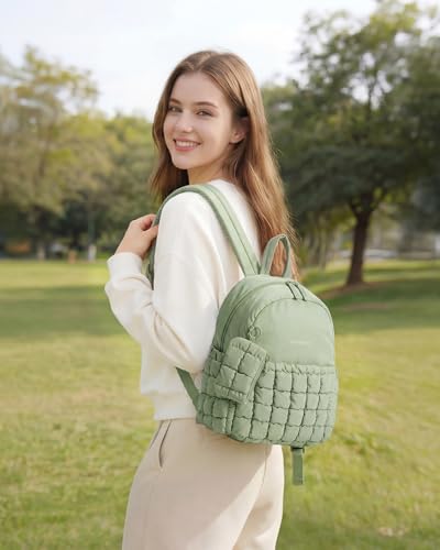 BAGSMART Mini Backpacks for Women, Puffy Checkered Quilted Small Backpack with Pouch, Lightweight Daypack Purse, Water-Resistant Bookbag for Daily Travel College, 2-in-1 Set, Sage Green - color: Sage Green