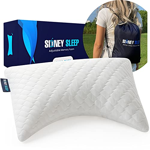 Sidney Sleep Mini Travel Size Neck Pillow - Knee, Back Lumbar and Support - Small Curved Pillow - 14 x 19 Inches - Adjustable Loft - Washable - Drawstring Backpack Included (White) - color: White, size: Travel Mini