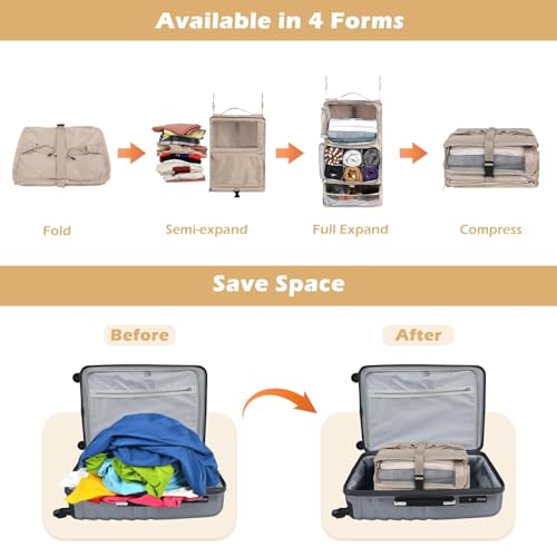 Surblue Hanging Shelves Travel Compression Packing Cube for Carry-on Luggage Suitcase Collapsible Transformable Garment Closet Organizers Large Capacity, Beige, XL - color: Beige, size: XL_13*10.2*23.2in