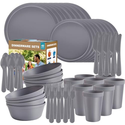 40 Piece Plastic Dinnerware Set for 8 with Cutlery, Unbreakable Plates and Bowls Set, Dishwasher & Microwave Safe Reusable Dish Set for Camping, RV, Outdoor Kitchen, Apartment Dining, Gray - color: Gray