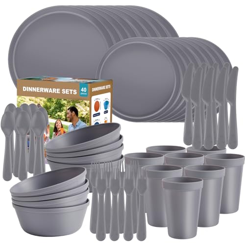 40 Piece Plastic Dinnerware Set for 8 with Cutlery, Unbreakable Plates and Bowls Set, Dishwasher & Microwave Safe Reusable Dish Set for Camping, RV, Outdoor Kitchen, Apartment Dining, Gray - color: Gray