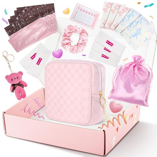 Likesing First Period Kit for Girls, 5.3" Checkered Tampon Holder for Purse, Menstrual Starter Tampon Bag Pad Pouch, Emergency Sanitary Napkin Storage Bag Teen Period Kit Gifts for Tweens - color: Pink