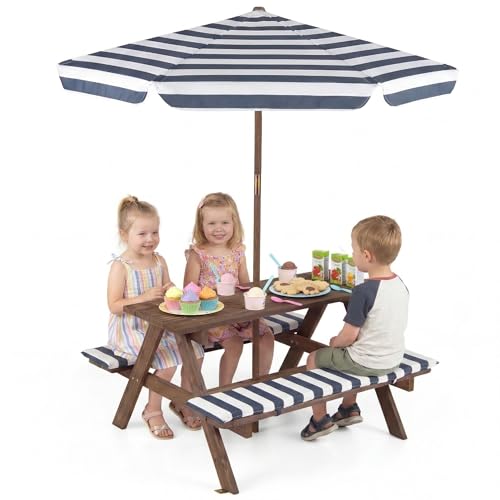 Costzon Kids Picnic Table, Wooden Toddler Outdoor Table & Bench Set with Removable Umbrella & Cushions, Stripe Fabric, Kids Outdoor Furniture for Patio Backyard Garden, Fits 4 Children Age 3+ (Navy)