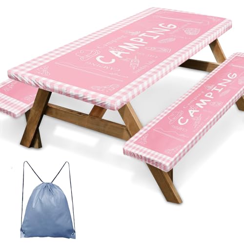 Picnic Table Cover with Bench Covers Elastic Edges, Pink Camper Fitted Table Cover, Outdoor Patio Camping Essentials 72 Inch 3PCS, Waterproof Camping Fitted Tablecloth with Drawstring Bag - color: Pink, size: 72in