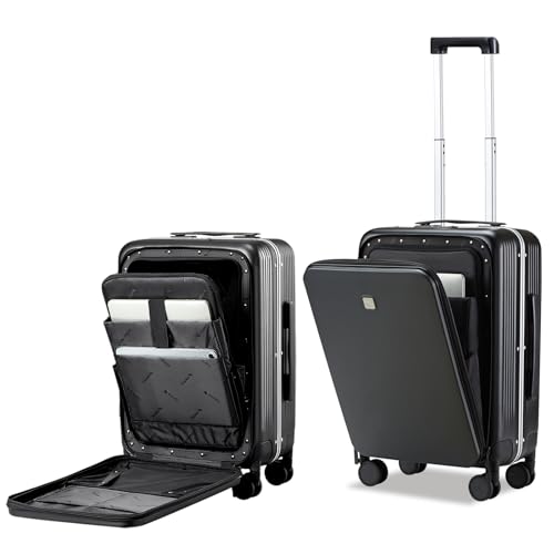 Hanke Grace Hard Shell Suitcases with Wheels,20 Inch Carry On Luggage Airline Approved with Aluminum Frame, Travel suitcase with Front Pocket Travel Luggage for Short Business Trips, Jet Black. - color: Jet Black, size: 20 Inch Middle No Opening
