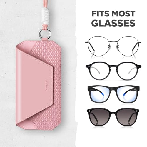 VULKIT Portable Leather Eye Glasses Case for Women & Men, Slim Sunglass Case, Unisex Eyeglass Case - color: Blush Pink With Lanyard