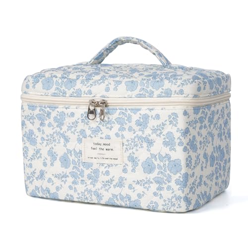 honitty Makeup Bag,Quilted Cosmetic Bags,Large Floral Make Up Bags for Women, Makeup Organize,Flower Travel Toiletry Bag - color: 1PCS-Blue-White