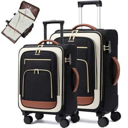 LOVEVOOK Luggage Set 2 Piece, Carry on Luggage Airline Approved, 22 & 26.5 Inch Large Rolling Suitcase with Garment Bag, Lightweight Underseat Carryon Luggage for Women Travel with TSA Lock - color: Black-beige-brown, size: 22+26.5 inch（2-Piece Set）