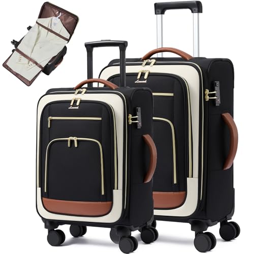 LOVEVOOK Luggage Set 2 Piece, Carry on Luggage Airline Approved, 22 & 26.5 Inch Large Rolling Suitcase with Garment Bag, Lightweight Underseat Carryon Luggage for Women Travel with TSA Lock - color: Black-beige-brown, size: 22+26.5 inch（2-Piece Set）