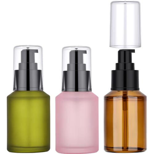 Segbeauty 2oz Frosted Glass Pump Bottle Dispenser, 3pcs Empty Travel Size Bottles with Pump, 15ml Refillable Travel Lotion Container, Mini Liquid Containers for Creams Oils Bottle in Mixed Color - color: Amber Pink Green, style: 3pcs 2oz