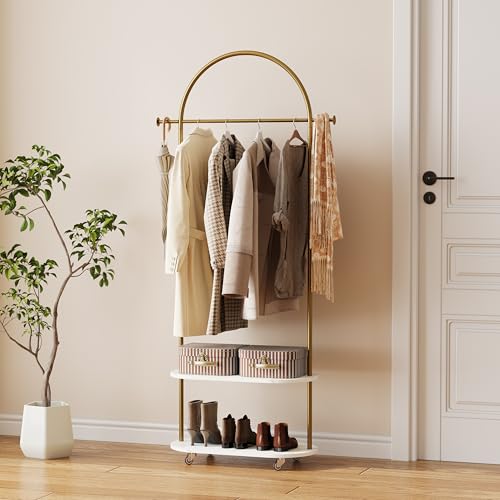 Gold Clothing Rack,Freestanding Coat Rack with Faux Marble shevles,Modem Arch Gold Garment Rack with shoes rack for Small Spaces,Bedroom, Entryway