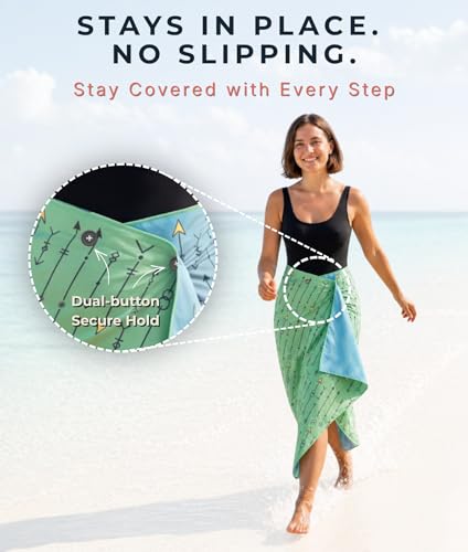 3-in-1 Wearable Beach Wrap & Lightweight Travel Towel – Sarong with Secure Button Closure, Quick-Dry Sand-Free Microfiber, Adjustable Fit (64”x33”, Fits S–4X), Compact Pool & Beach Essential - color: Green Arrows