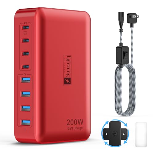 8-Port USB Charger Block 200W with Flat Plug, Braided Power Cord, and On/Off Switch- USB Charging Hub for iPhone, iPad, MacBook and More- 65W C Port Power Adapter for Laptops - color: 200W Charger Red