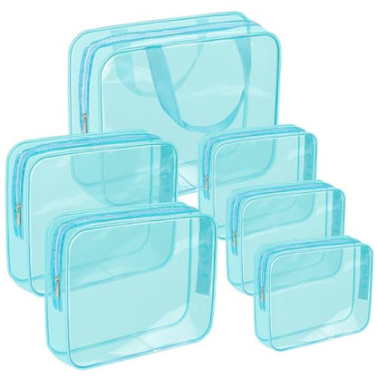 APREUTY Clear Makeup Bags, TSA Approved 6 Pcs Cosmetic Makeup Bags Set Clear PVC with Zipper Handle Portable Travel Luggage Pouch Airport Airline Vacation Organization(Light Blue) - color: Light Blue-6PCS (Large+Medium+Small)