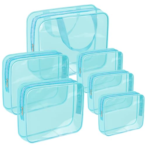 APREUTY Clear Makeup Bags, TSA Approved 6 Pcs Cosmetic Makeup Bags Set Clear PVC with Zipper Handle Portable Travel Luggage Pouch Airport Airline Vacation Organization(Light Blue) - color: Light Blue-6PCS (Large+Medium+Small)