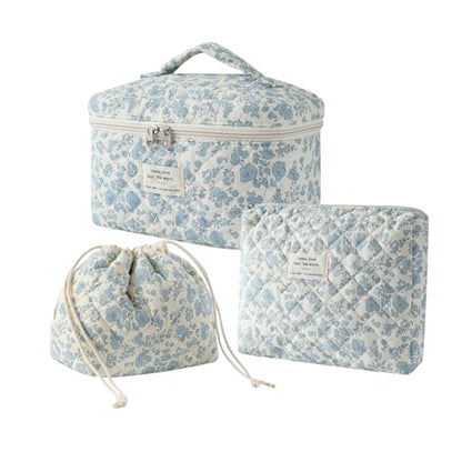3pcs Large Cotton Quilted Makeup Bag Set,Coquette Aesthetic Cute Travel Toiletry Bag,Drawstring Gift Bag for Women and Girls(3Pcs Light Blue) - color: 3Pcs Light Blue