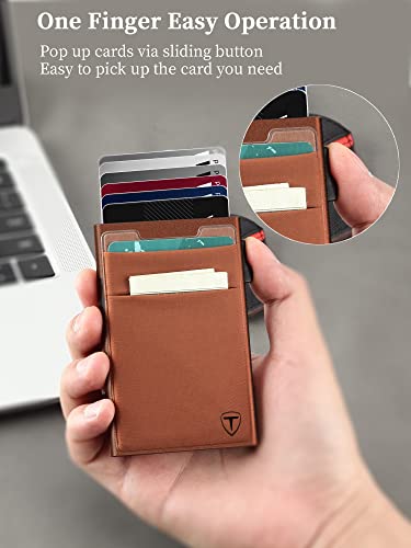 TOYFID Pop Up Credit Card Wallet for Men - Metal Slim Minimalist Cards Holder with Money Pocket - RFID Blocking Ultralight Small Aluminum Wallet - color: Brown A