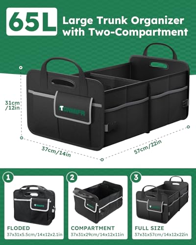 2-Compartment Trunk Organizer & Multi-Compartment Storage Box 600D Waterproof Oxford, with Reflective Strips and 8 Side Mesh Pockets for SUV, Sedan, Minivan- Heavy-Duty Car Organiser(65L) - size: 65L (Organizer Only)