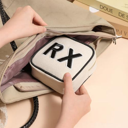 RSRSLEII Small Canvas Rx Medicine Packages, Cute Chenille Letter Patch Drug Makeup Bag with Metal Zipper, Mini Travel First Aid Purse Organizer Machine Washable (01Beige) - color: 01Beige