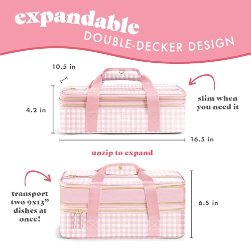 Fit & Fresh Insulated Casserole Carrier - Double Decker Food Carrier Fits Two 9x13 Dishes, Expandable Hot & Cold Food Transport Bag with Zipper Pocket for Potluck, Easter & Travel, Pink Gingham - color: Pink Gingham
