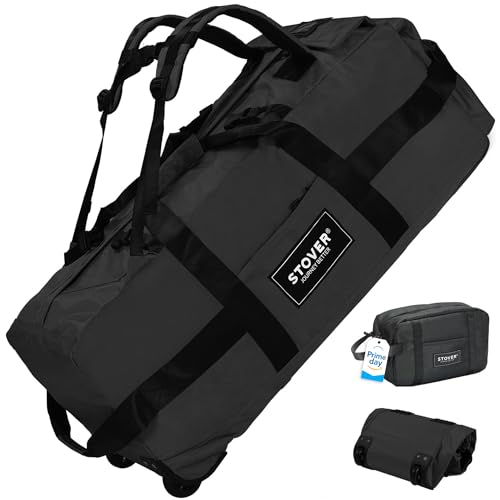 STOVER 45/80/100L Rolling Duffel Bag with Wheels, Large Durable Travel Duffle + Toiletry Bag, Heavy Duty, Packable, Foldable with Shoulder Straps- Use as Luggage or Backpack, Men/Women (Black) - color: Black