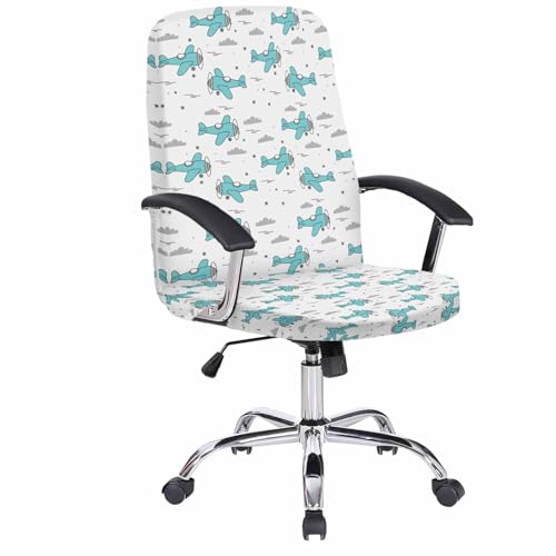 Turquoise Airplane Office Chair Covers, Stretchable Rotating Chair Slipcovers, Modern Abstract Art Cartoon Clouds Spandex Universal Boss Chairs Cover Removable Washable Seat Cover, Large - color: Grey, size: Large