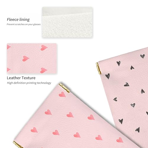 Glasses Case Soft, Eyeglass Cases for Women Portable Squeeze Top PU Leather 2 Pack Glasses Pouch with Cleaning Cloth - color: 2pcs Pink Heart Print