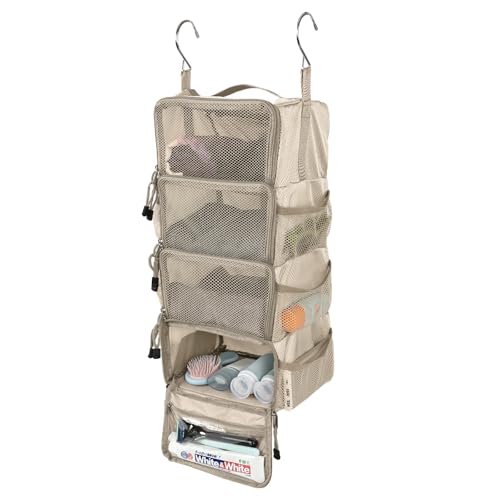 Surblue Travel Hanging Packing Cubes with 2 Hooks Hanging Shelves for Luggage Organizers Portable Compression 4 Shelf Closet Carry-on Suitcases Organizers, Small, Beige - color: Beige, size: S: 9.8*7.1*17.7 in